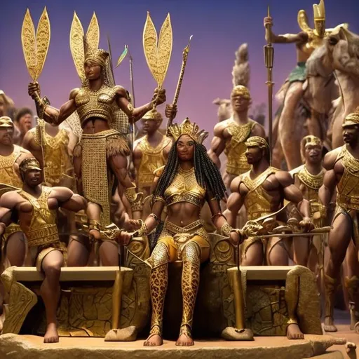 Prompt: Nubian queen of Kush on her throne with muscular archers standing to her side holding gold bows and wearing leopard skin 