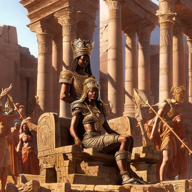 Prompt: nubian kush queen on her  throne with romans bowing to her