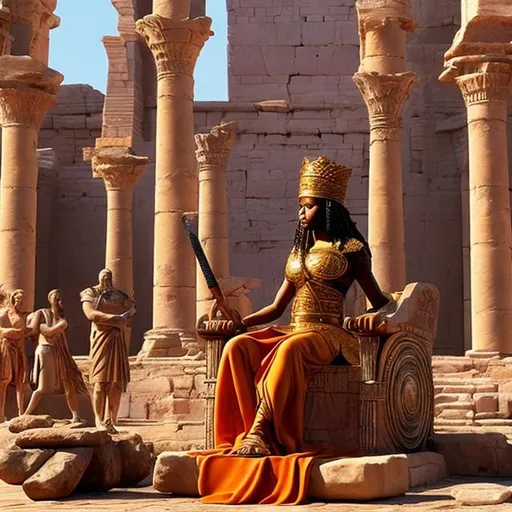 Prompt: nubian kush queen on her  throne with romans bowing to her