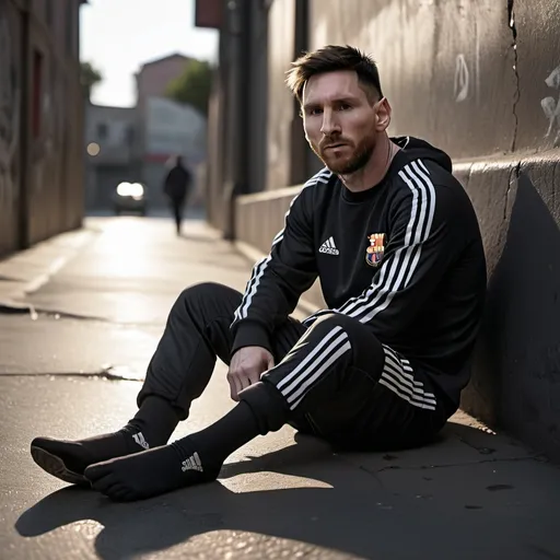 Prompt: Lionel Messi lying on the street wearing a black tracksuit, black socks but no shoes.