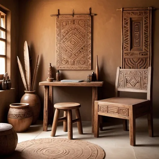 Prompt: Misc-tribal style image of a minimalist room, wooden chair and desk, rustic atmosphere, warm earthy tones, soft natural lighting, intricate tribal patterns on furniture, hand-carved details, high quality, detailed textures, minimalistic, rustic, natural lighting, warm earthy tones, warm and cozy ambiance, hand-carved designs, detailed woodwork