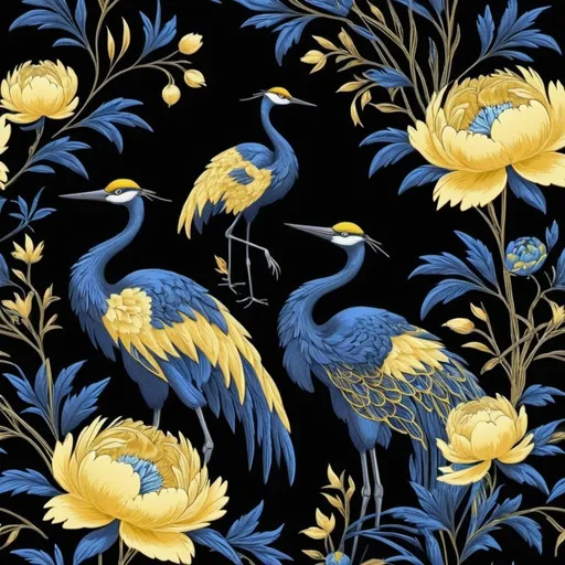 Prompt: Blue and yellow floral pattern on black background with elements of cranes, peonies, cypresses, minimalism, art nouveau style, fashion embroidery, silk screen printing