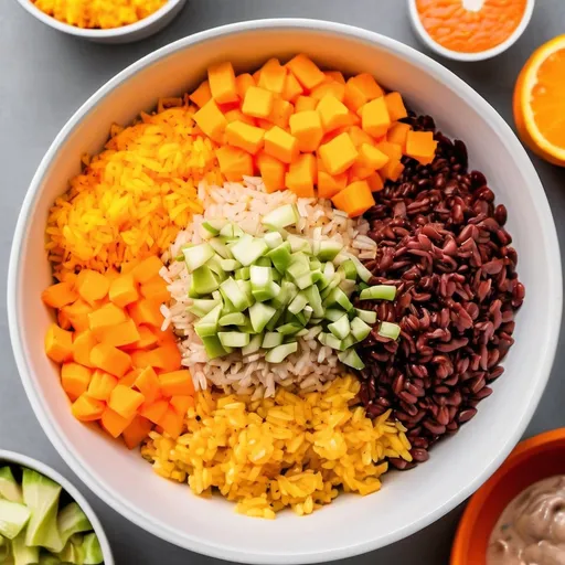 Prompt: chipolte bowl with orange rice and all orange stuff