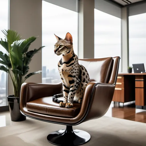 Prompt: "A sleek Savannah cat with bold markings lounging on a designer leather chair in a high-end corporate office. The space is minimalist but filled with luxury: polished wood furniture, crystal paperweights, and floor-to-ceiling windows offering a panoramic city view. The art style is ultra-realistic, capturing the fine details of both the cat and the environment."