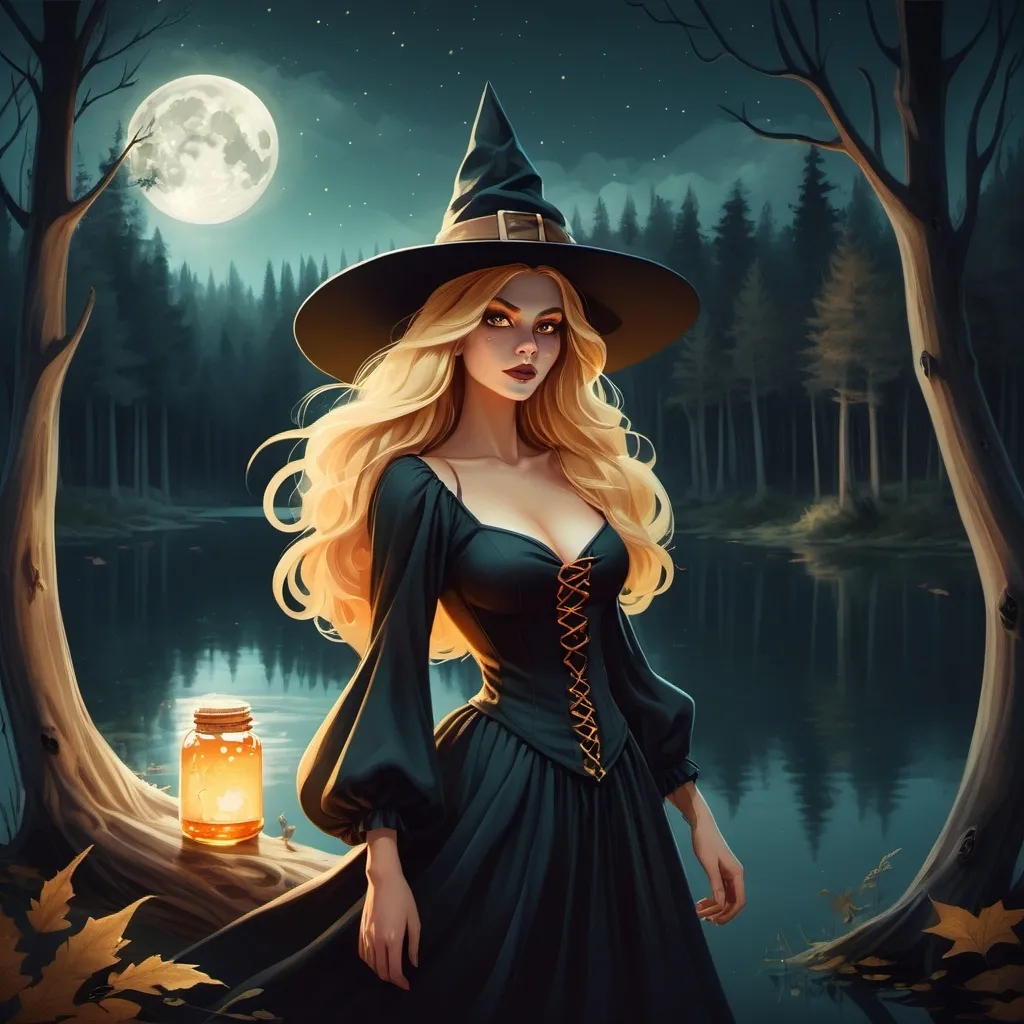 Prompt: A honey blonde witch in a moonlit forest on a lake