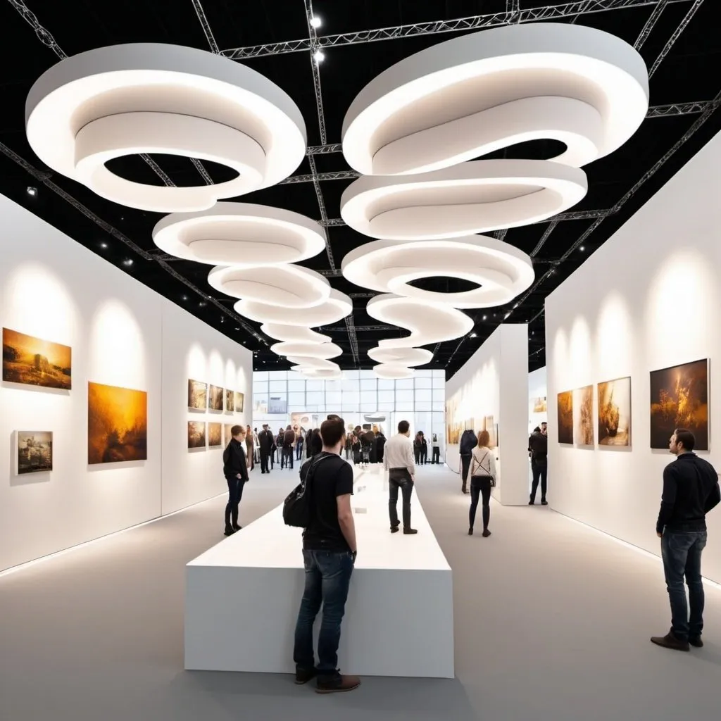 Prompt: create an interior space for exhibition with 12 meters of height with a cheap pendant ceiling and pendant lighting fixtures