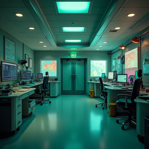 Prompt: A hidden task force headquarters in a New Orleans hospital, filled with holographic maps, high-tech medical equipment, and ambient lighting in green, purple, and gold.