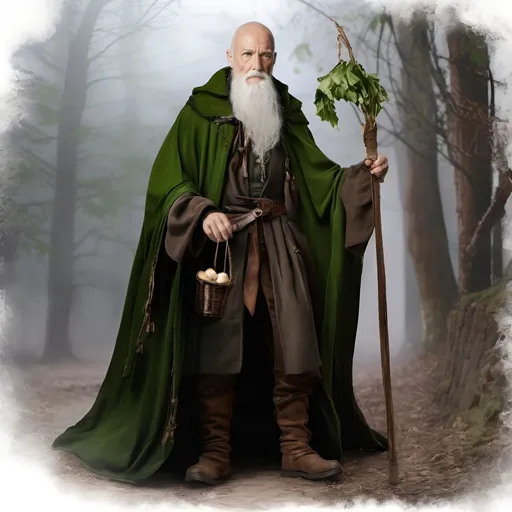 Prompt: Poe Ratcho from Vampire Survivors as a realistic elder man,  white skin, long white beard, bald, brown medieval rags, green long cape, brown boots, uses wooden cane, holding some garlic, backache, tired