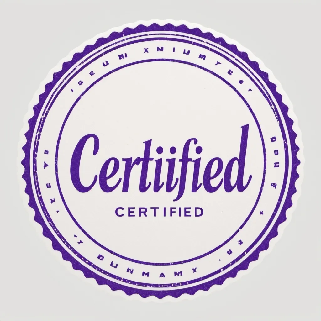 Prompt: purple and blue stamp, on white background, with word "certified"