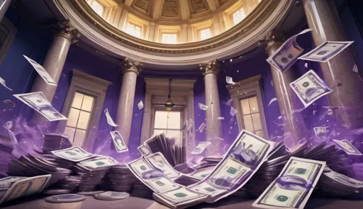 Prompt: the rich collection purple and blue bank with money flying in motion 
