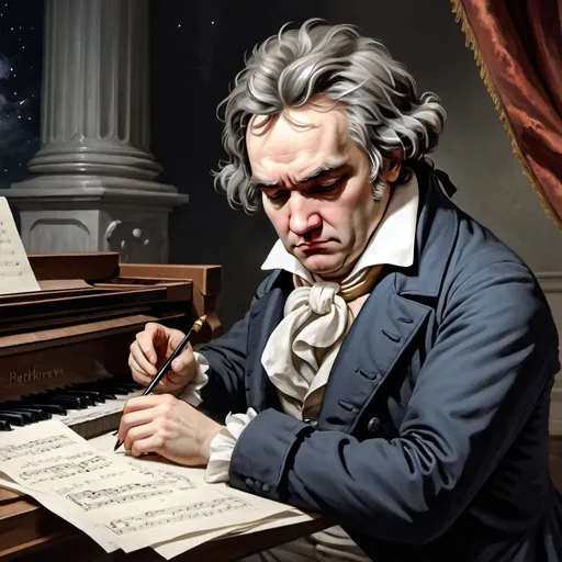 Prompt: Imagen of Beethoven with a sad facial expression in front of his piano while writing notes in a sheet of paper (composing the moonlight sonata's) (1st movement)