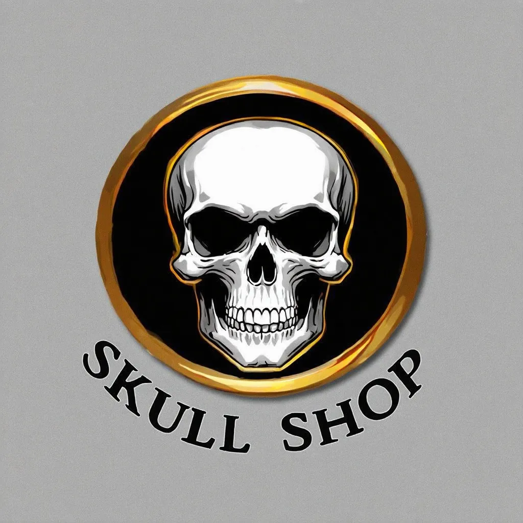 Prompt: a skull shop logo inside a black and white background with a gold circle around it, Art of Brom, international typographic style, skull, a digital rendering