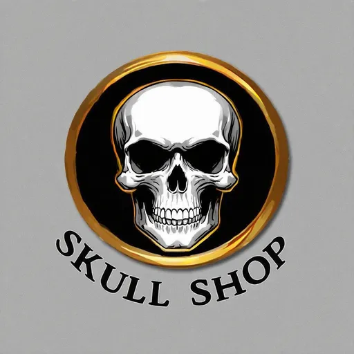 Prompt: a skull shop logo inside a black and white background with a gold circle around it, Art of Brom, international typographic style, skull, a digital rendering