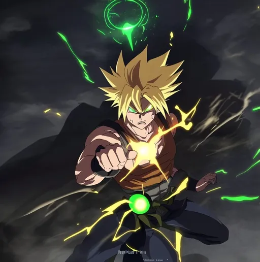 Prompt: super sayain with glowing green eyes