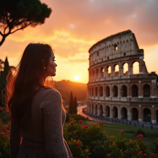 Prompt: Self-portrait gazing at the Colosseum at sunset, vibrant spring atmosphere, warm golden hues illuminating ancient architecture, dramatic sky blending shades of orange and pink, capturing a moment of awe and connection to history, lush green surroundings enhancing the scene, emotionally evocative and serene, ultra-detailed, high-quality.