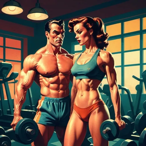 Prompt: Pulp-style illustration of a man and woman in a gym, vintage pulp art style, retro color palette, dramatic lighting with strong shadows, detailed muscle definition, intense expressions, sweat glistening, vintage gym equipment, gritty atmosphere, dynamic poses, high energy, pulp style, vintage, dramatic lighting, retro color palette, intense expressions, detailed figures, dynamic poses