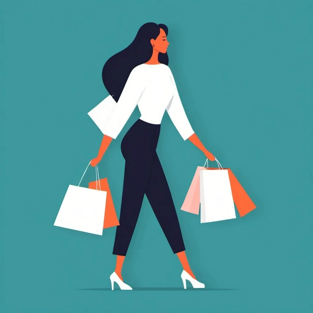 Prompt: Flat illustration a woman shopping, simple forms, simple shapes, vector, minimalism