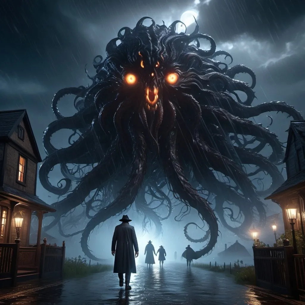 Prompt: extremely realistic, hyperdetailed, eldritch horror, monster with many eyes, emitting dark aura, stormy night, raining, full body, full character visible, dark lighting, high definition, ultra realistic, unreal engine 5, 8K, digital art