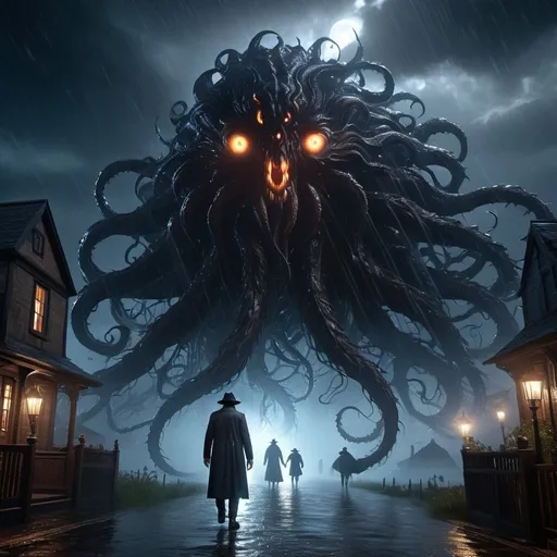 Prompt: extremely realistic, hyperdetailed, eldritch horror, monster with many eyes, emitting dark aura, stormy night, raining, full body, full character visible, dark lighting, high definition, ultra realistic, unreal engine 5, 8K, digital art