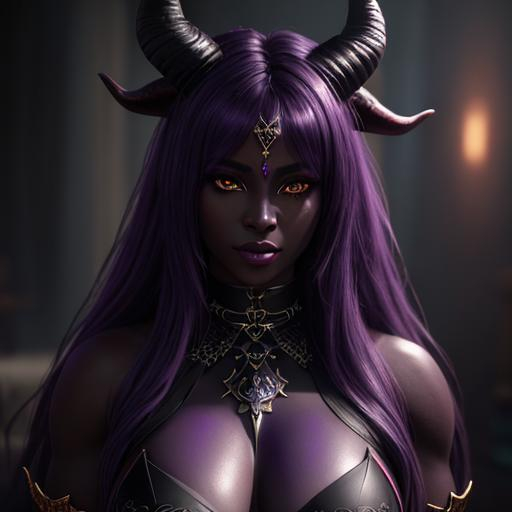 Prompt: extremely realistic, hyperdetailed, female demon, long horns, dark purple skin, dark aura, highly detailed face, highly detailed eyes, full body, whole body visible, full character visible, soft lighting, high definition, ultra realistic, unreal engine 5, 8K, digital art