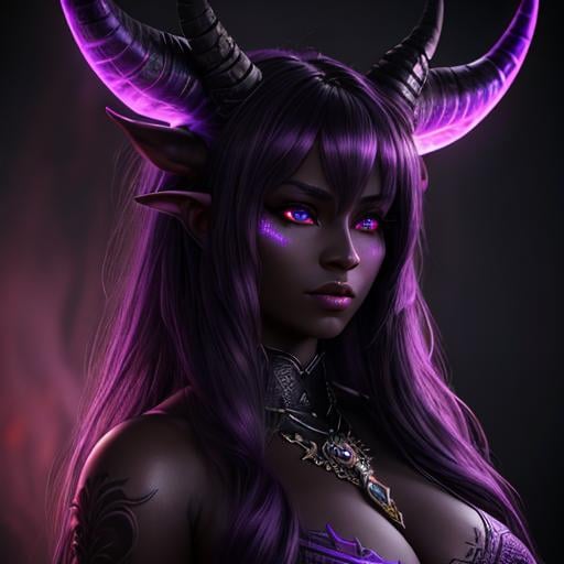 Prompt: extremely realistic, hyperdetailed, female demon, long horns, dark purple skin, emitting dark aura, highly detailed face, highly detailed eyes, full body, whole body visible, full character visible, soft lighting, high definition, ultra realistic, unreal engine 5, 8K, digital art