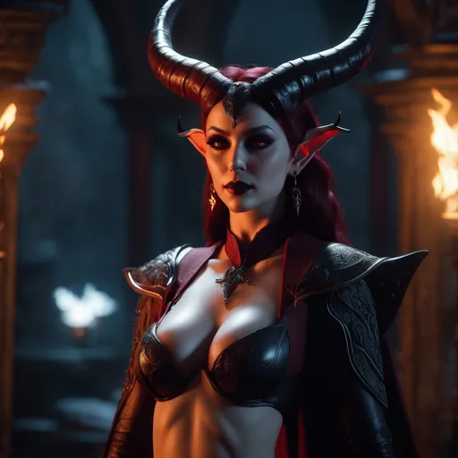 Prompt: extremely realistic, hyperdetailed, succubus, long horns, dark red skin, dark aura, highly detailed face, highly detailed eyes, full body, whole body visible, full character visible, soft lighting, high definition, ultra realistic, unreal engine 5, 8K, digital art