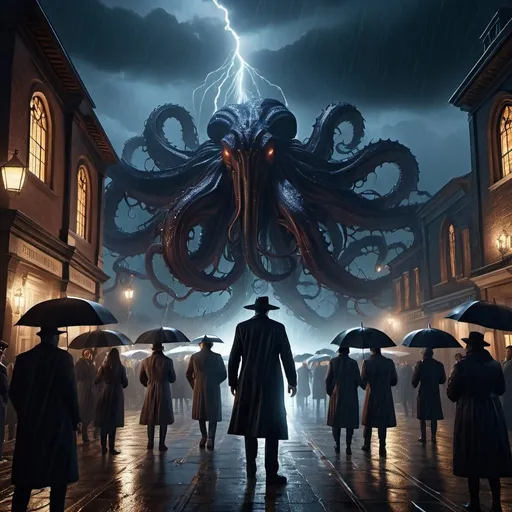 Prompt: extremely realistic, hyperdetailed, eldritch horror, surrounded by many worshiper, stormy night, raining, full body, full character visible, dark lighting, high definition, ultra realistic, unreal engine 5, 8K, digital art