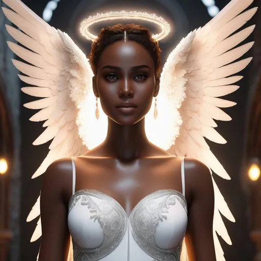 Prompt: extremely realistic, hyperdetailed, angel, halo, dark skin, emitting white holy aura, highly detailed face, highly detailed eyes, full body, whole body visible, full character visible, soft lighting, high definition, ultra realistic, unreal engine 5, 8K, digital art