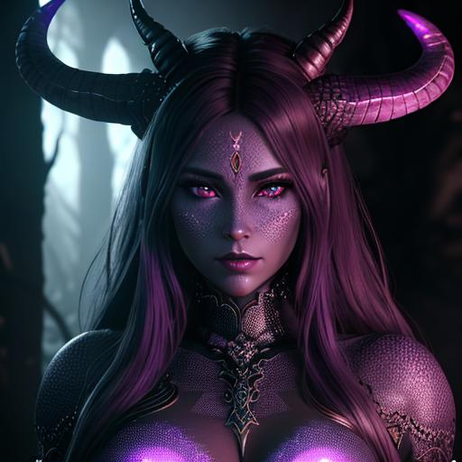 Prompt: extremely realistic, hyperdetailed, female demon, long horns, dark purple scaly skin, emitting dark aura, highly detailed face, highly detailed eyes, full body, whole body visible, full character visible, soft lighting, high definition, ultra realistic, unreal engine 5, 8K, digital art