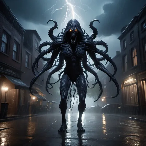 Prompt: extremely realistic, hyperdetailed, eldritch being, monster with many arms, emitting dark aura, stormy night, raining, full body, full character visible, dark lighting, high definition, ultra realistic, unreal engine 5, 8K, digital art