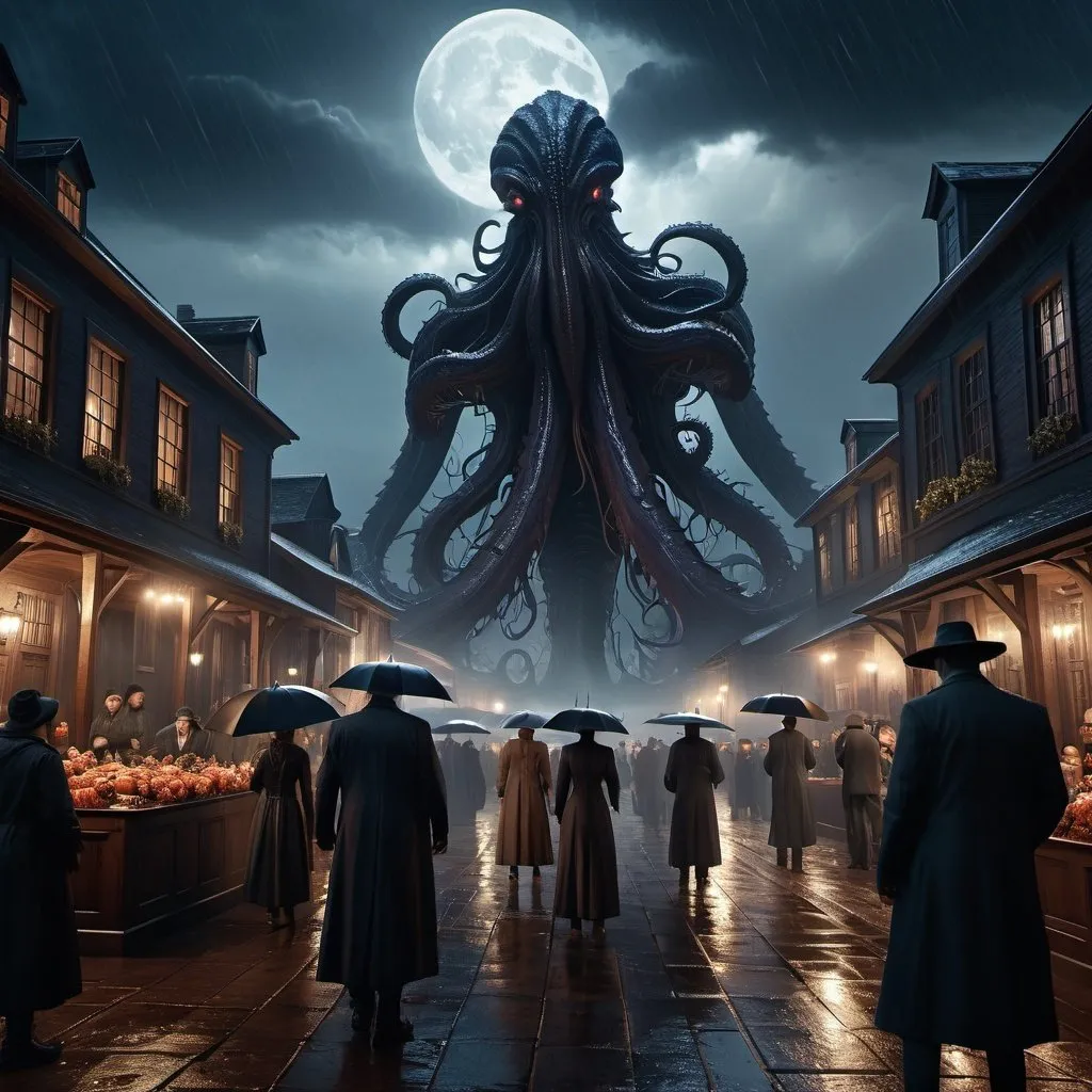 Prompt: extremely realistic, hyperdetailed, eldritch horror, surrounded by many worshiper, stormy night, raining, full body, full character visible, dark lighting, high definition, ultra realistic, unreal engine 5, 8K, digital art