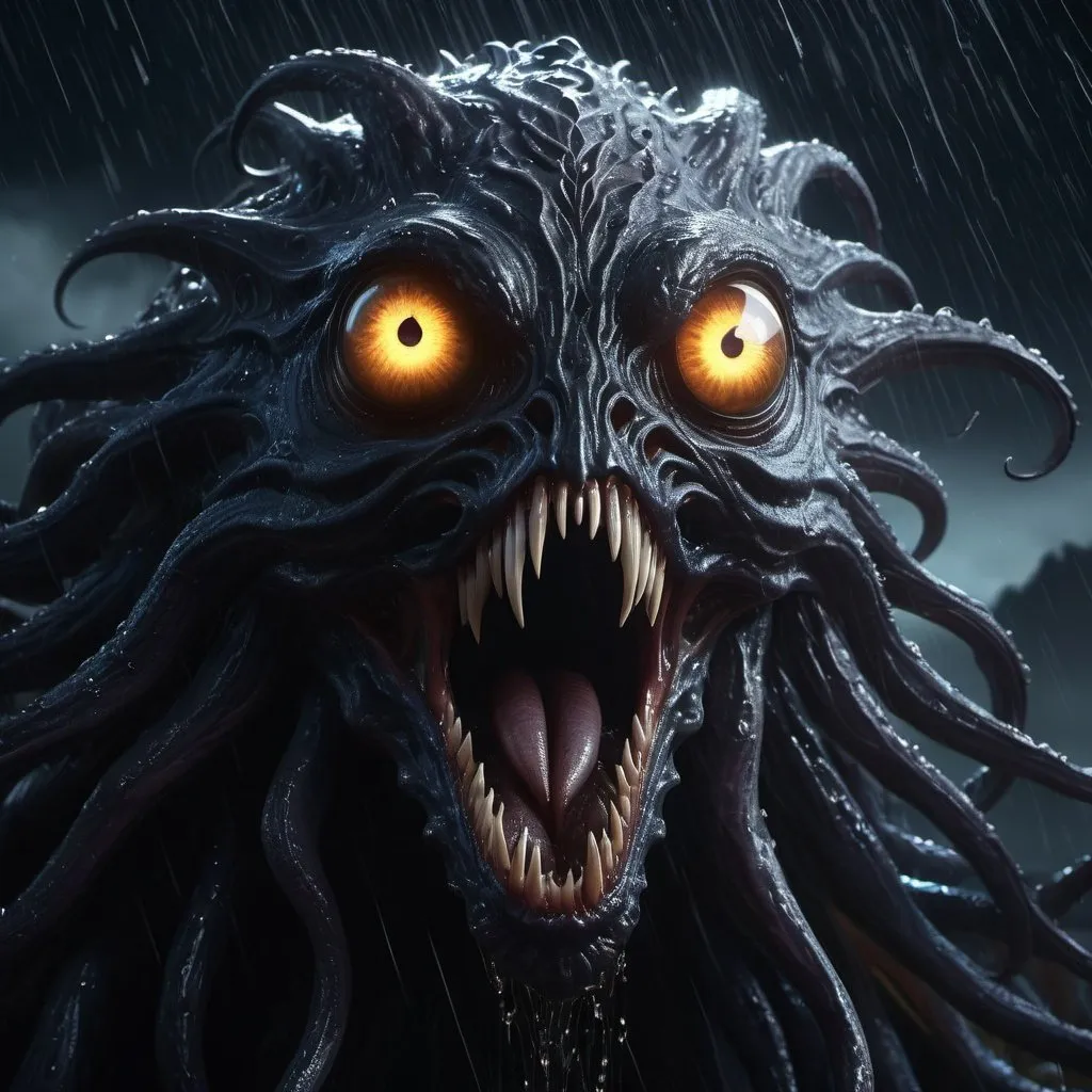 Prompt: extremely realistic, hyperdetailed, eldritch horror, monster with many eyes, emitting dark aura, stormy night, raining, full body, full character visible, dark lighting, high definition, ultra realistic, unreal engine 5, 8K, digital art