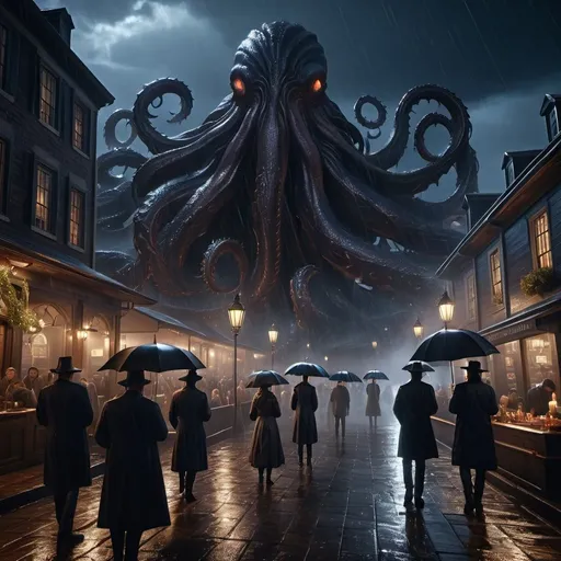 Prompt: extremely realistic, hyperdetailed, eldritch horror, surrounded by many worshiper, stormy night, raining, full body, full character visible, dark lighting, high definition, ultra realistic, unreal engine 5, 8K, digital art