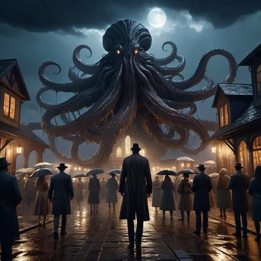 Prompt: extremely realistic, hyperdetailed, eldritch horror, surrounded by many worshiper, stormy night, raining, full body, full character visible, dark lighting, high definition, ultra realistic, unreal engine 5, 8K, digital art