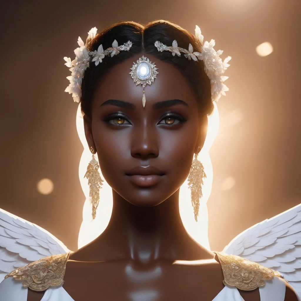 Prompt: extremely realistic, hyperdetailed, angel, halo, dark skin, emitting white holy aura, highly detailed face, highly detailed eyes, full body, whole body visible, full character visible, soft lighting, high definition, ultra realistic, unreal engine 5, 8K, digital art