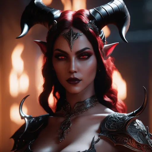 Prompt: extremely realistic, hyperdetailed, succubus, long horns, dark red skin, dark aura, highly detailed face, highly detailed eyes, full body, whole body visible, full character visible, soft lighting, high definition, ultra realistic, unreal engine 5, 8K, digital art