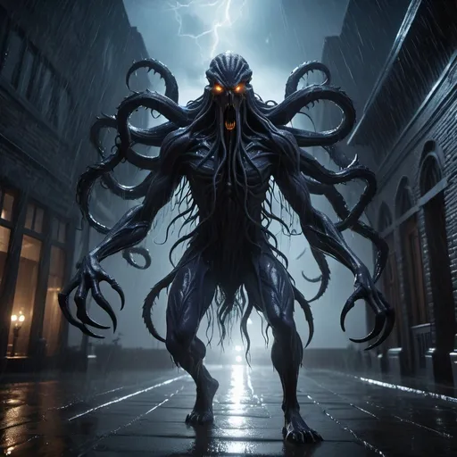 Prompt: extremely realistic, hyperdetailed, eldritch being, monster with many arms, emitting dark aura, stormy night, raining, full body, full character visible, dark lighting, high definition, ultra realistic, unreal engine 5, 8K, digital art