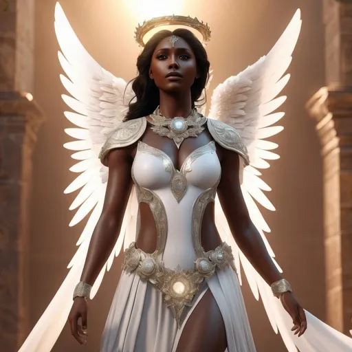 Prompt: extremely realistic, hyperdetailed, angel, halo, dark skin, emitting white holy aura, highly detailed face, highly detailed eyes, full body, whole body visible, full character visible, soft lighting, high definition, ultra realistic, unreal engine 5, 8K, digital art
