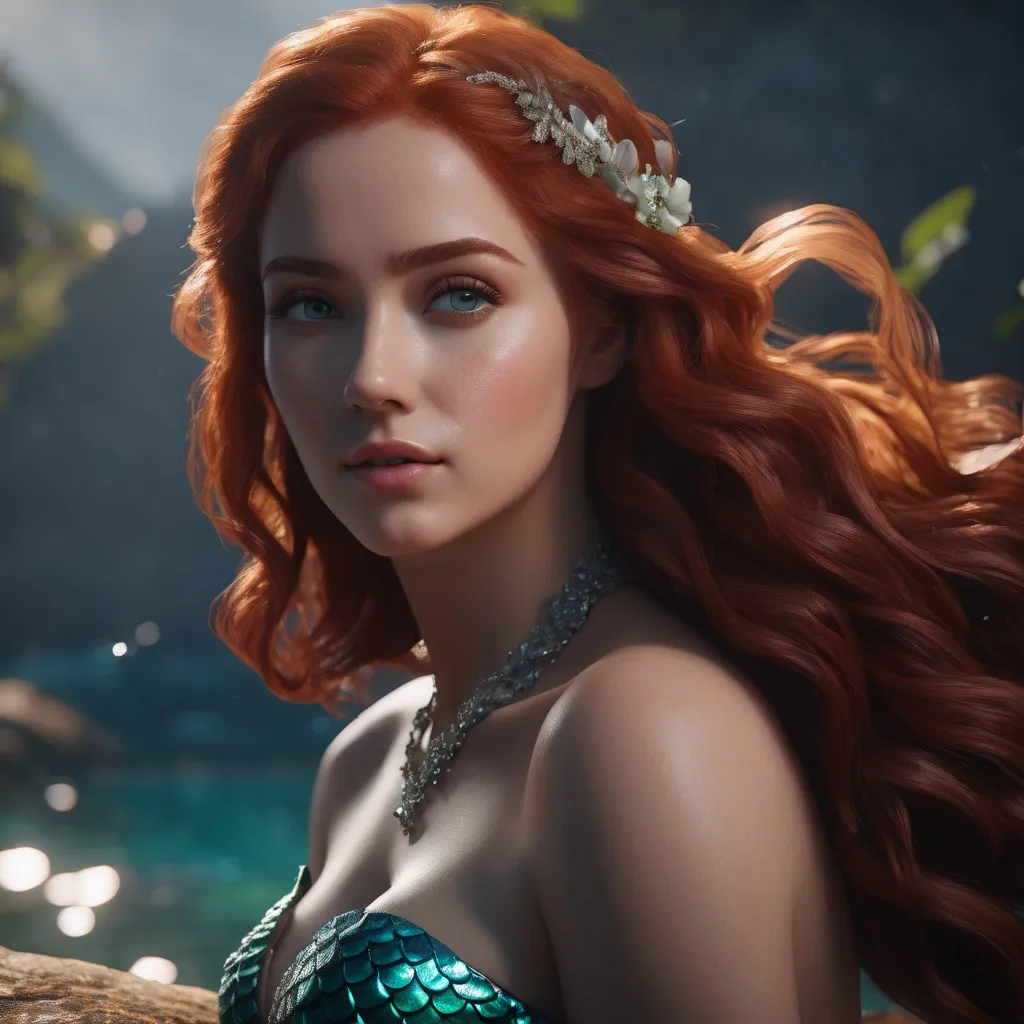 Prompt: extremely realistic, hyperdetailed, red haired mermaid, highly detailed face, highly detailed eyes, full body, whole body visible, full character visible, soft lighting, high definition, ultra realistic, unreal engine 5, 8K, digital art