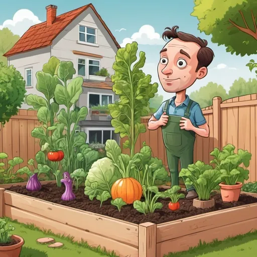Prompt: cartoon vegatables with human face  looking with interst at the man who is building raised bad in sunny cute garden

