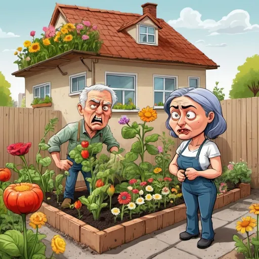 Prompt: cartoon vegatables with human face  looking with interst at the man who is building raised bad in sunny cute garden addto this image joking flowers and angry woman waiting result at the corner


