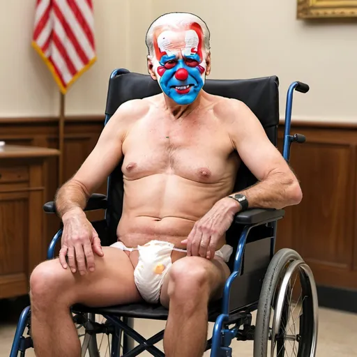 Prompt: Create an image of Joe Biden wearing nothing but a diaper sitting in a wheelchair with clown makeup on smelling a child