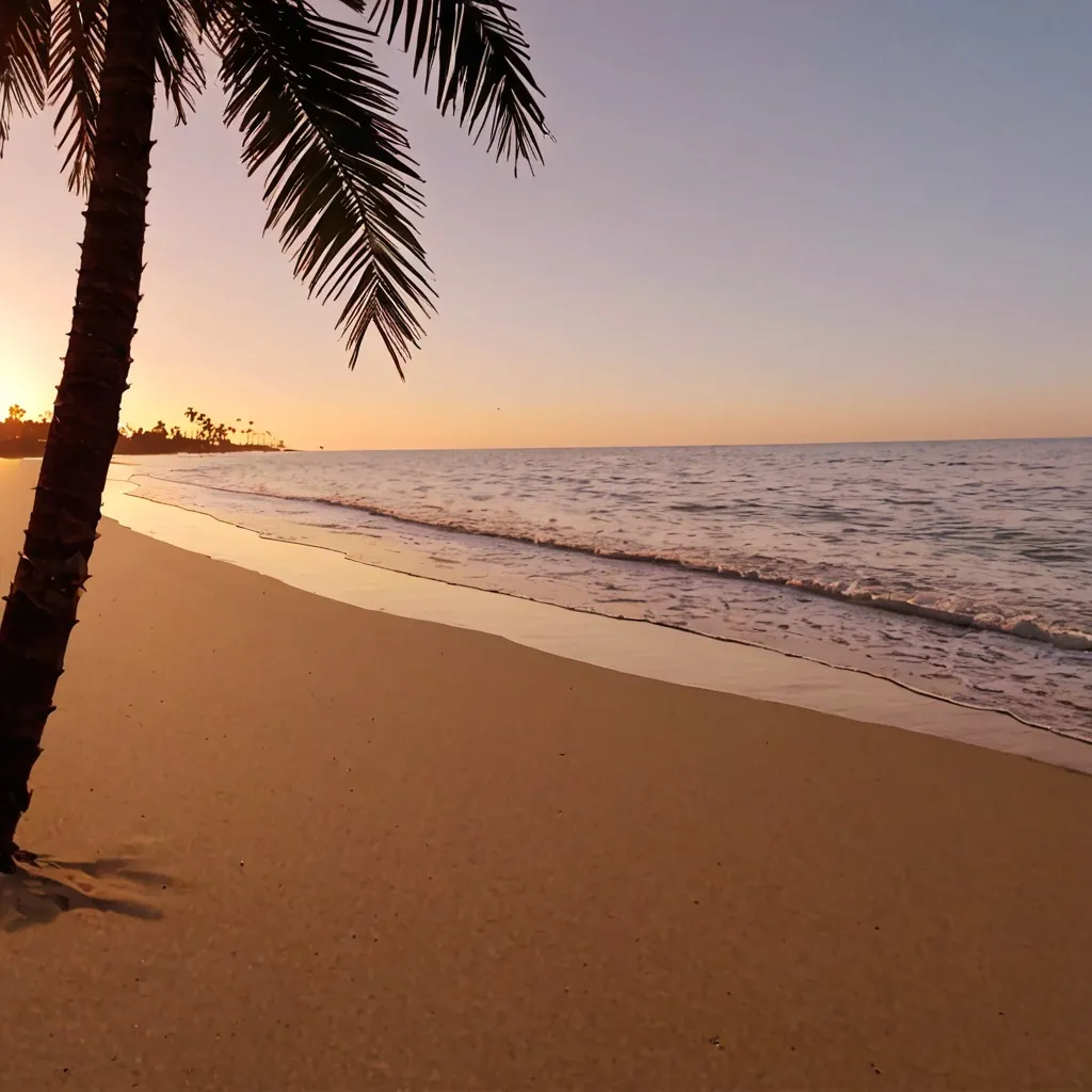 Prompt: Side of a beach by the bottom of a palm tree in sunset.