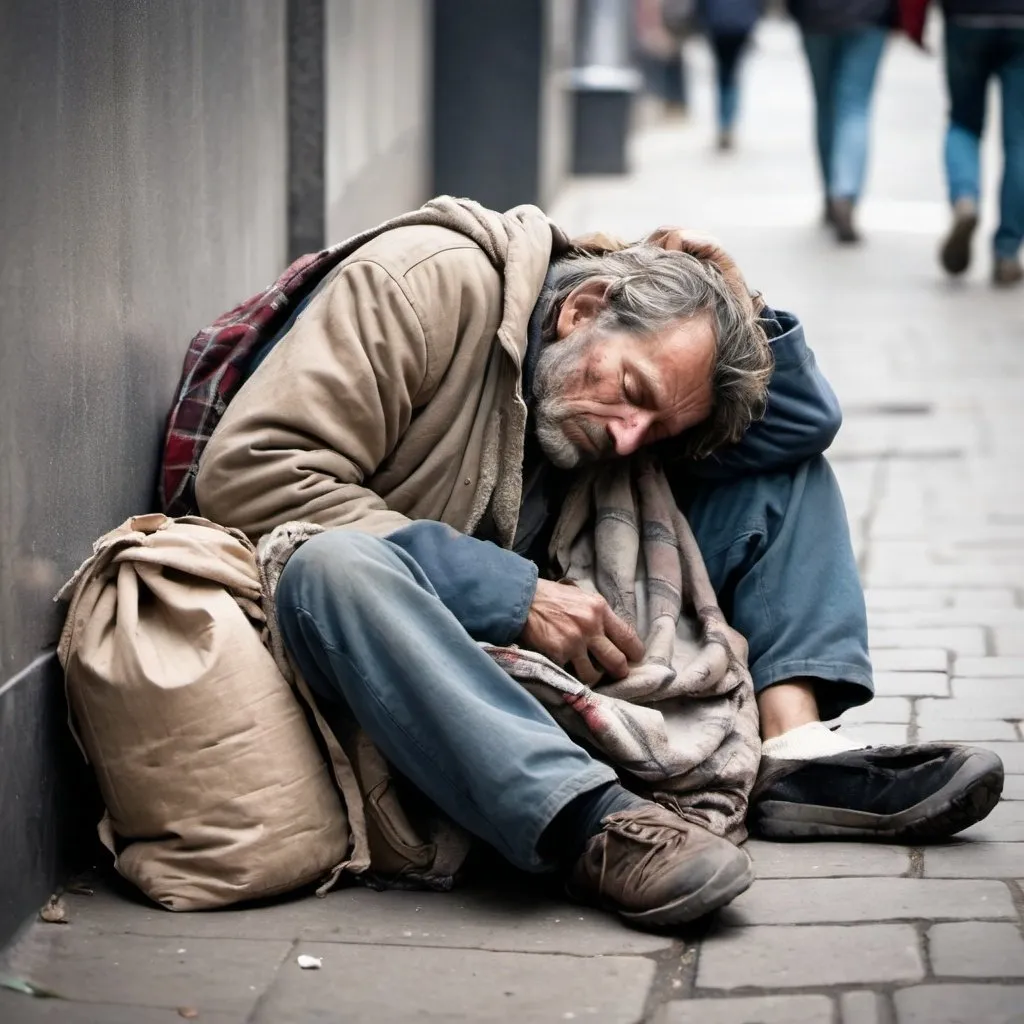 Prompt: Generate a image of a poor homeless man sleeping 
in the street begging with a blanket wrapped around him and a dirty broken backpack at his side. 