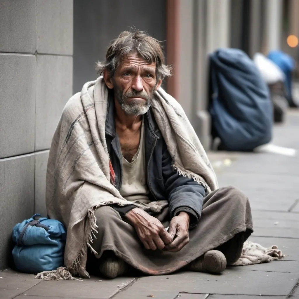 Prompt: Generate a image of a poor homeless man sitting in the street begging with a blanket wrapped around him and a dirty broken backpack at his side. 