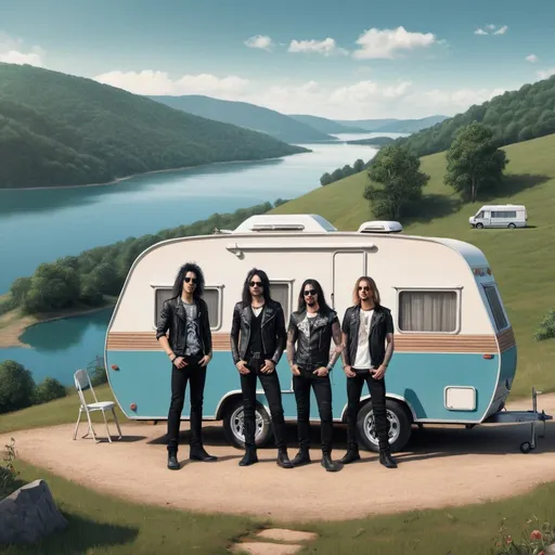Prompt: four rockstars band members standing infront of a caravan on top of a hill with lake in background, Super detailed