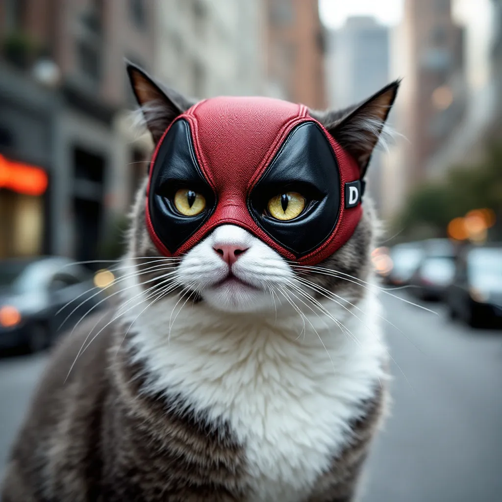 Prompt: a cat wearing deadpool mask