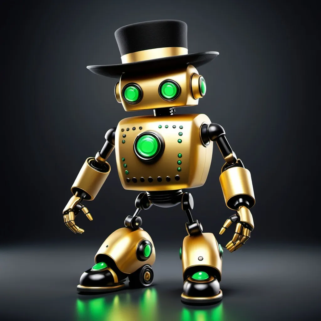 Prompt: Can you crest a gold robot with green dots all over wearing a black hat and dance shoes