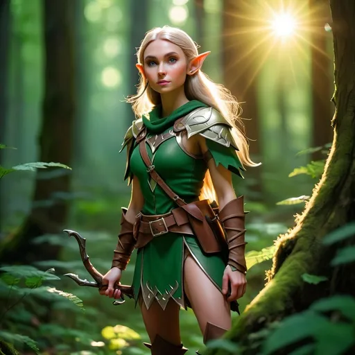 Prompt: Elf ranger in a mystical forest around sunlight