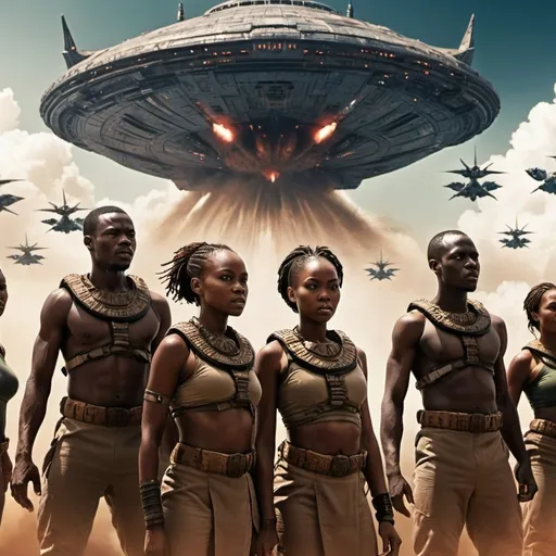 Prompt: A group of 5 young African warriors ( 2 women and 3 men) dressed in combat attire facing a gigantic alien warship in the sky. The title of the movie is 'AKKAN:THE GENESIS'